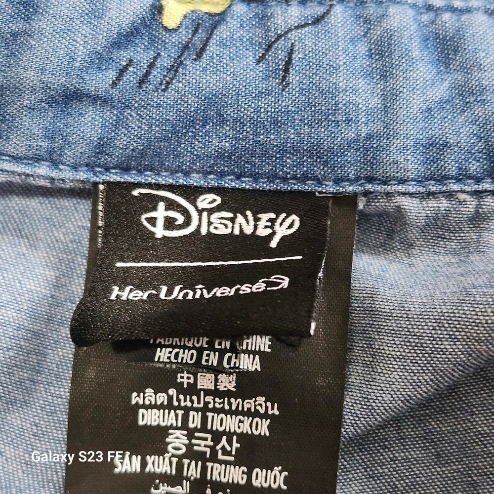 Disney Denim Button Down Shirt Womens Medium Blue Mickey Mouse Print Puff Sleeve - Picture 3 of 9